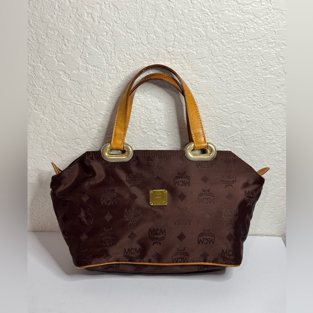MCM Brown Visetos Small Nylon with Tan Leather Trim Handmade Handbag Tote Rare
